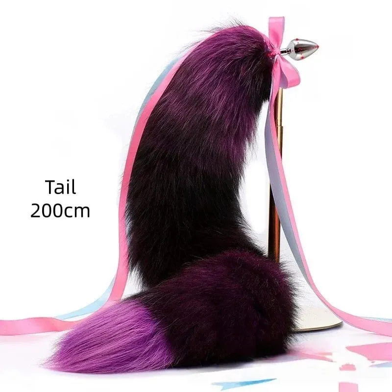 200cm Soft Real Fur Fox Tail Anal Plug with Split Design Metal Butt Plug for Women Cosplay Costume Flirt Sensory Sex Toys