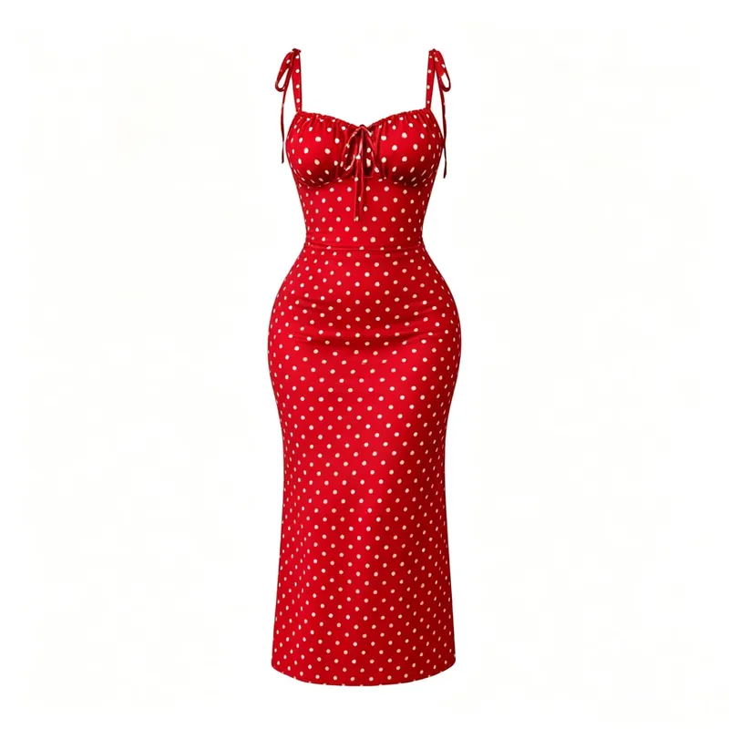 High-Elasticity Red Polka Dot Fishtail Skirt with Shoulder Straps + Chest Ruching for a Strong Waist Cinch Slim Fit Hip-Hugging Vintage Mid-Length Skirt