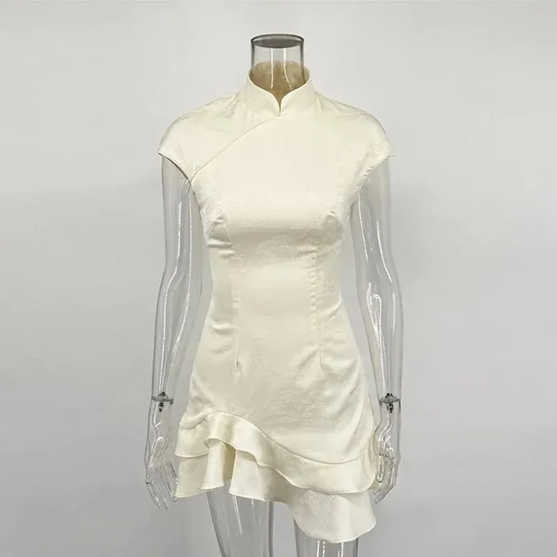 Trendix Women's Elegant Satin Evening Dress Fashion Stand Neck High Waist Slim Mini Dresses Party Sexy Short Sleeve Ruffle Dress