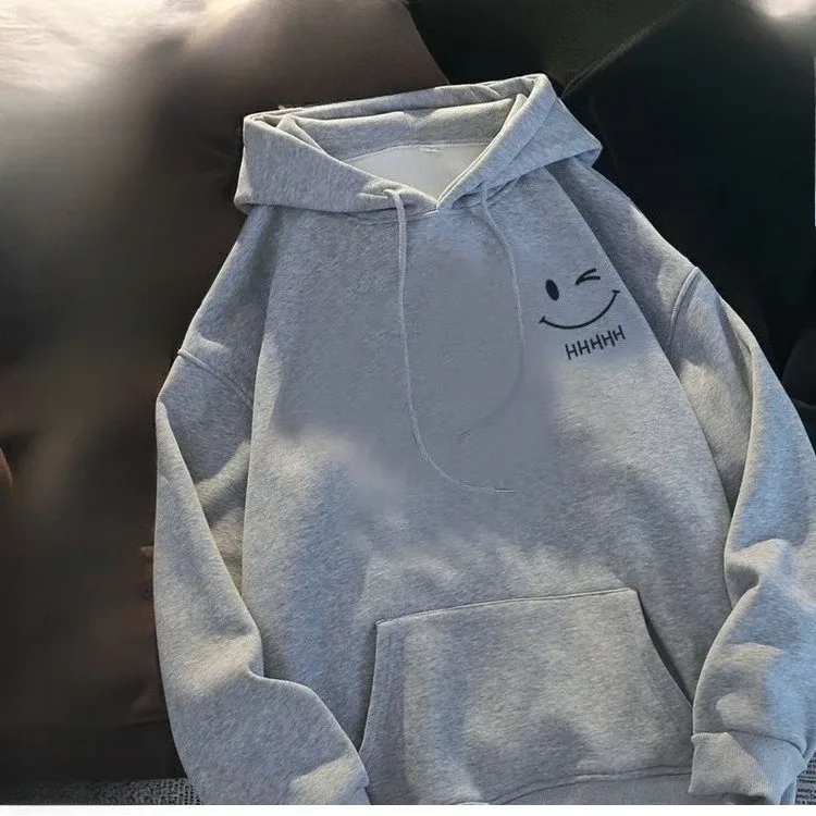 Rosto sorridente masculino engraçado moda casal suéter com capuz americano pesado solto engrossado cashmere meninos moletom com capuz topo — image 10