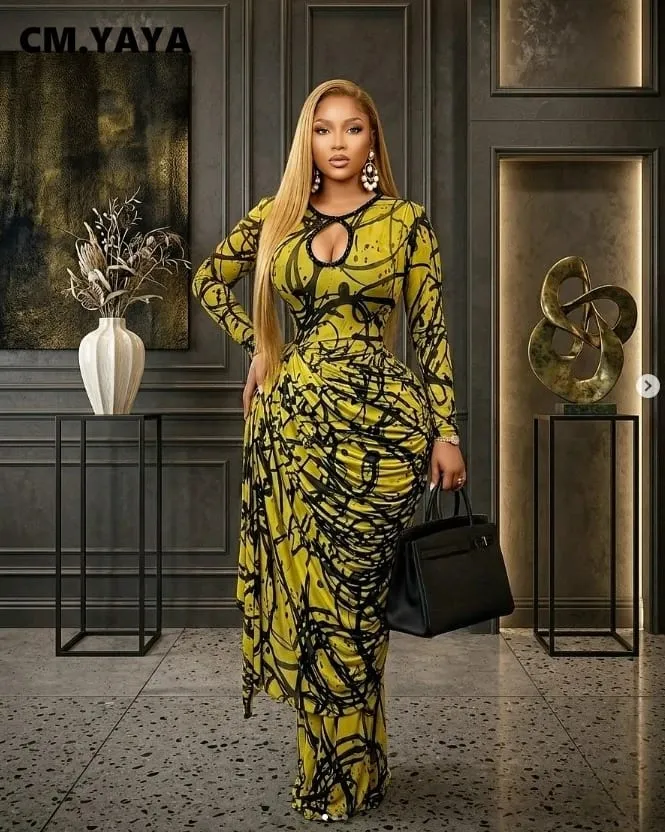 CM.YAYA band med randigt tryck för kvinnor Rynkad långärmad Bodycon Maxi långklänning 2026 Sexig födelsedagsfest Utbildning Trendiga klänningar — image 3