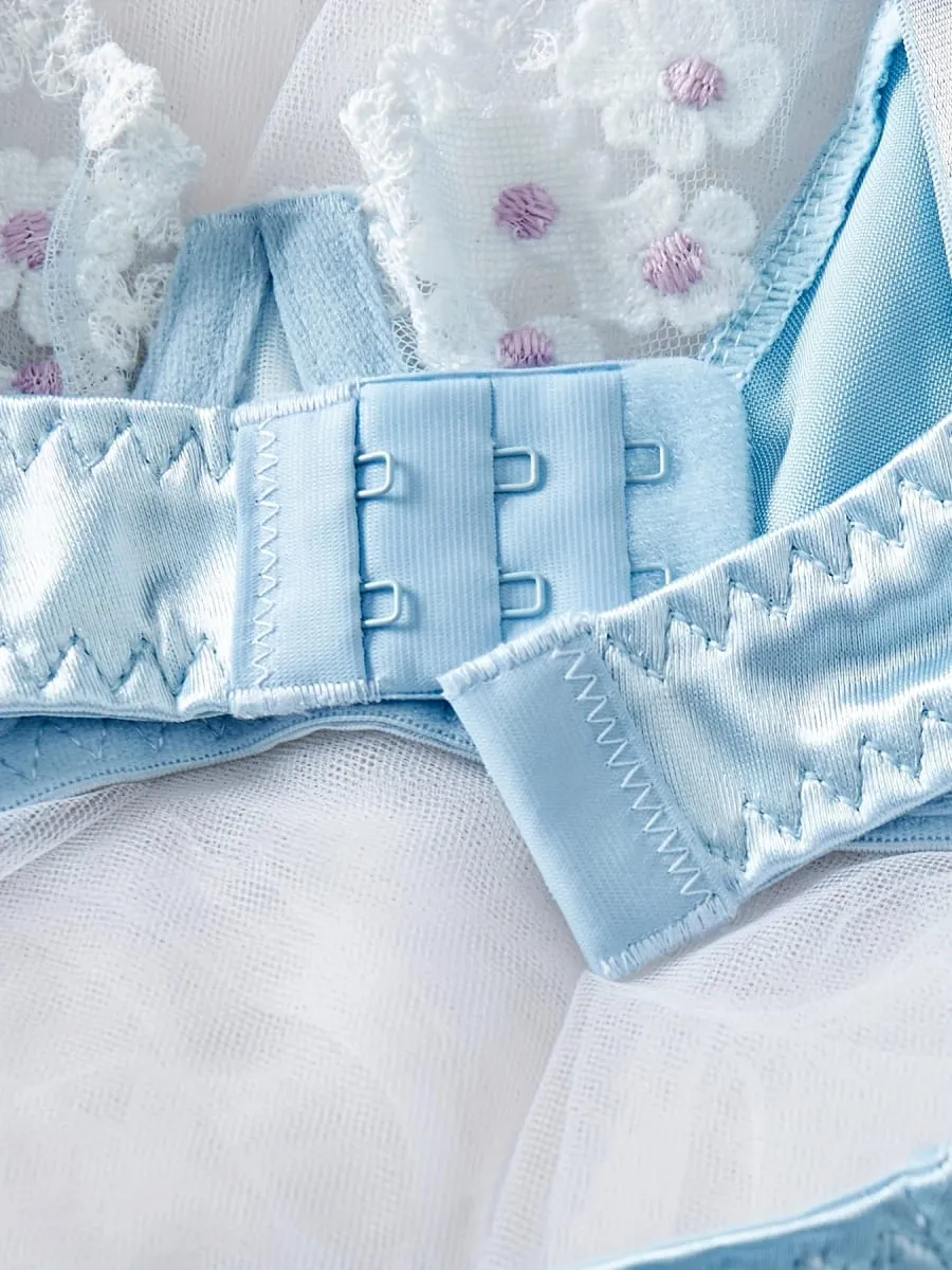 2 Piece Blue Satin Sexy Lingerie Set Women French Coquette Floral Embroidery Sheer Mesh Underwire No Padding Push Up Bra Thong — image 5
