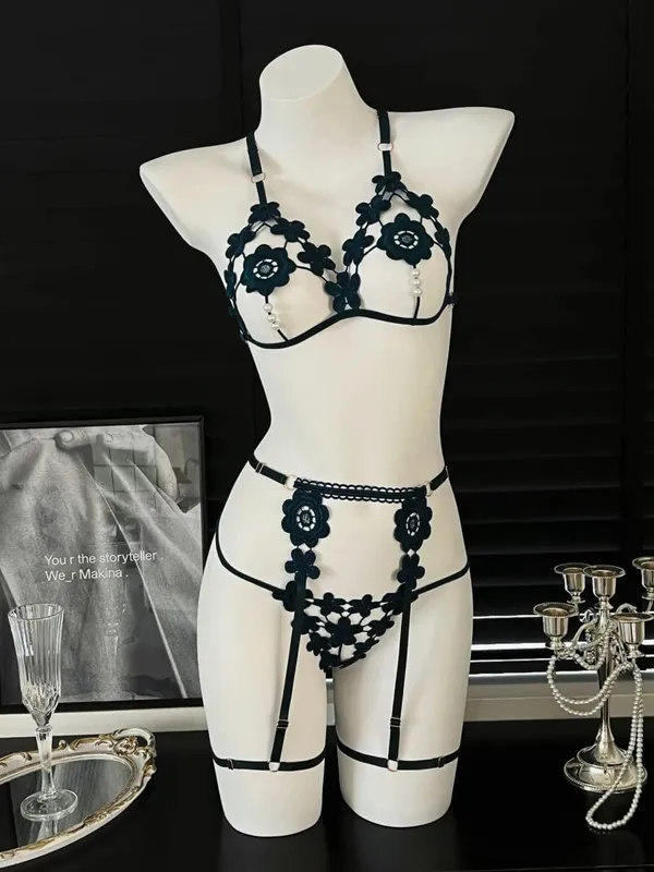 3Pcs/Set Pearl Sexy Bra Set Women Bralette Girls Pearl Underwear Thong Erotic Open Sleepwear Transparent Bras Lingerie Sets — image 3