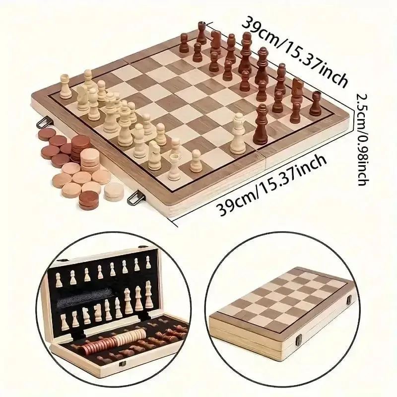 Wooden Chess Board Games Folding Chess & Checkers Set Portable Table Games 2 Extra Queens Beginner Chess Set For Adul