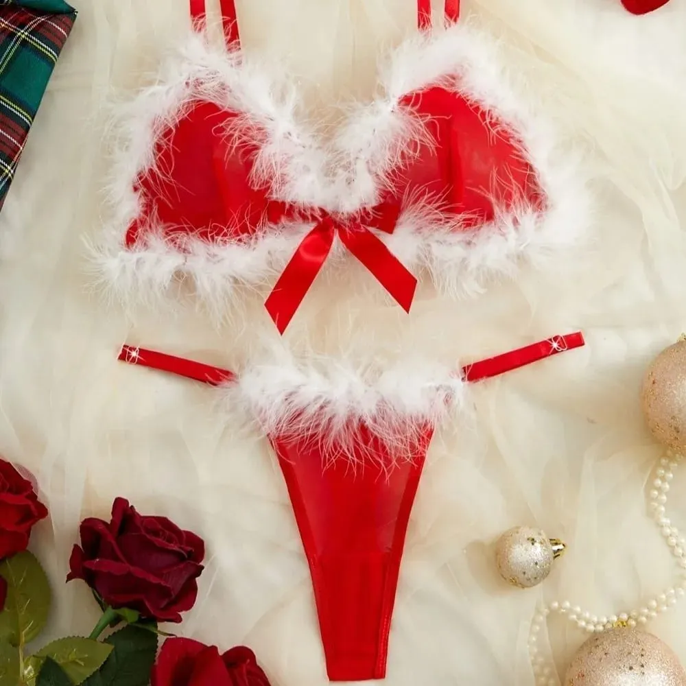 Sweet Furry Women's Underwear Wireless Mesh Transparent Lingerie Set Bow Decor Romantic Intimate Bra Panties Suit Home — image 4