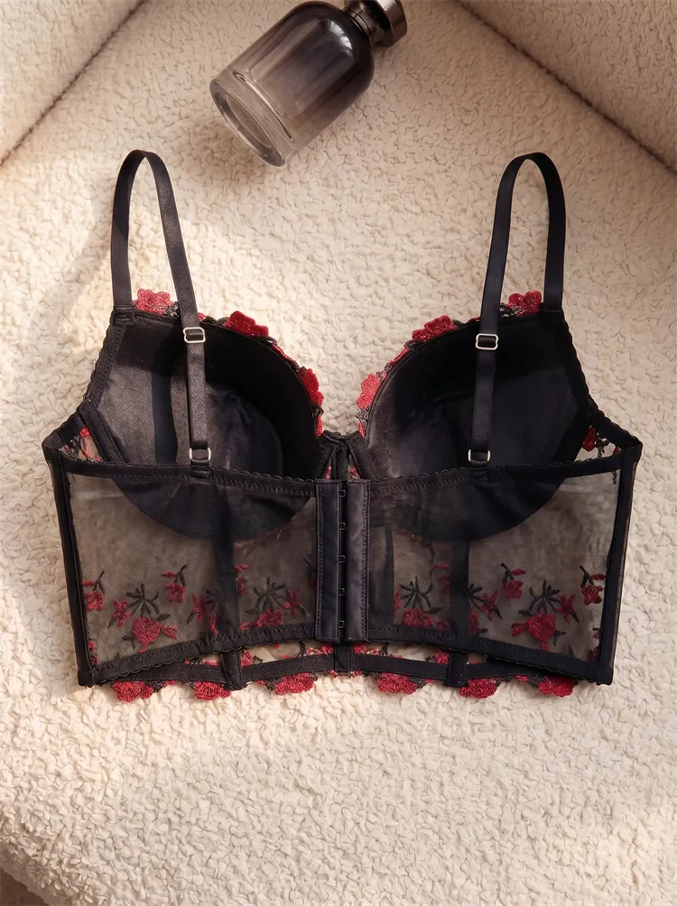 Women's Fishbone Bra Set Romantic Floral Embroidery Mesh Intimate Underwear Padded Push Up Brassiere&Thong 2 Pieces Lingerie Set