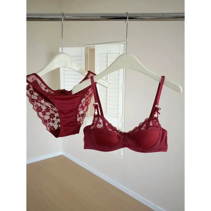 Red Lace Satin Bra Set Half Cup Thin Push‑Up Less Show Big Chest Sexy French Lingerie Women Underwear 32‑38 — image 11