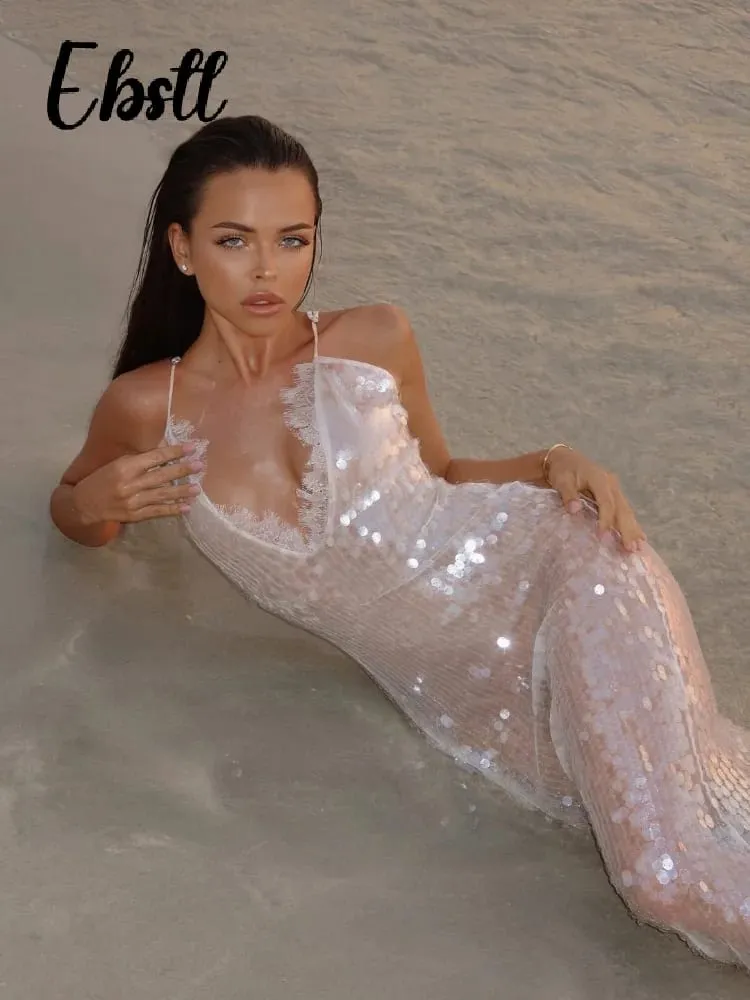 Sequins Lace Splicing Dress Women's Sexy V-veck Shiny Sleeveless Backless Sling Dresses 2026 Spring Summer New Ladies Beach Robe — image 3