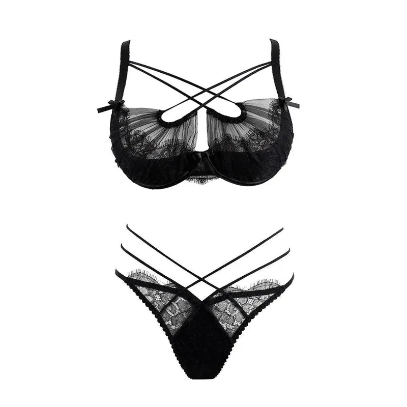 Fransk spetsbroderi Korsrem Underkläder Set Mesh Push Up BH Trosa Ihålig Sexig Kvinnor Intim Underkläder Kostym S-XL Festkläder — image 8
