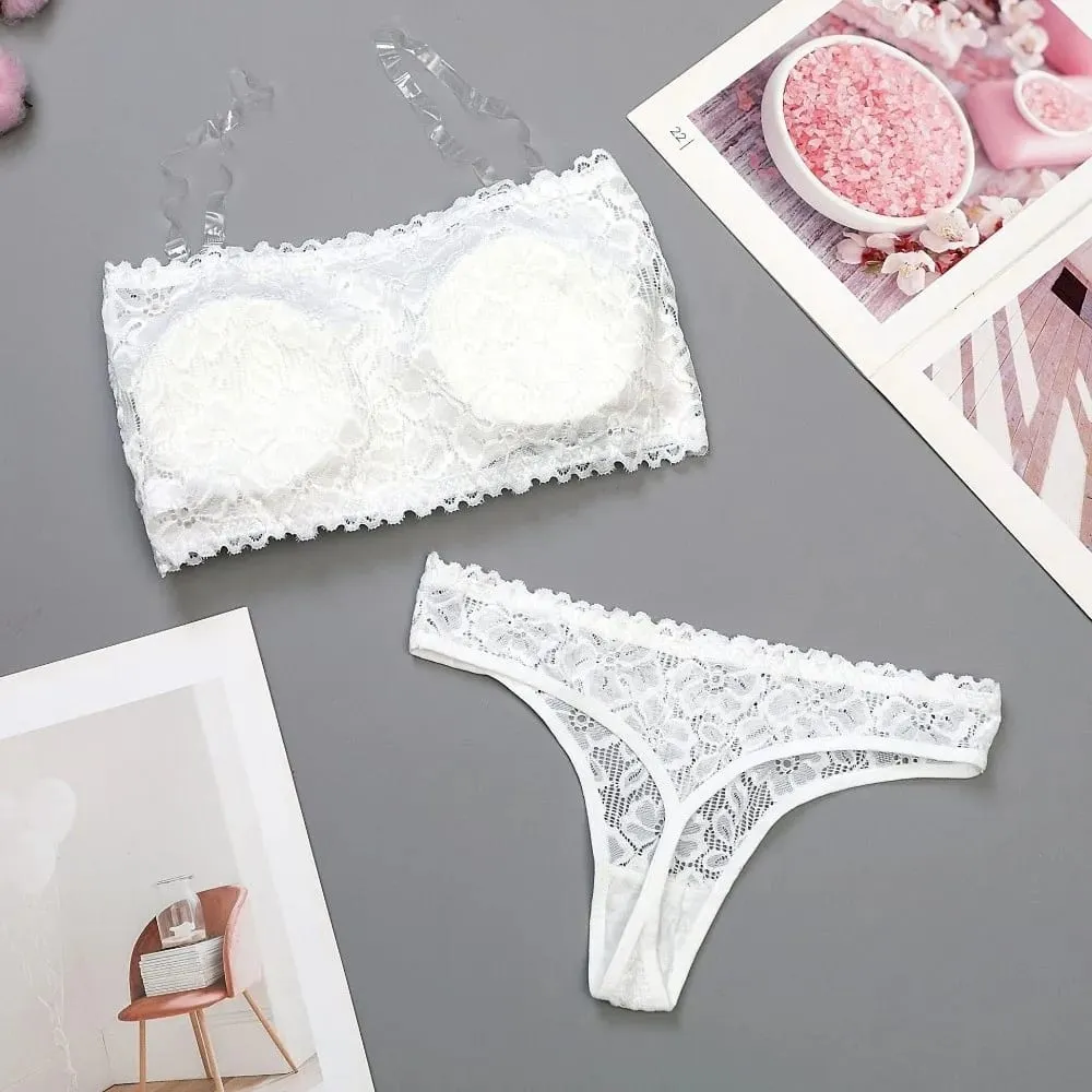 Lace Sheer Flower Thong Bra Set Invisible Straps Embroidery Floral Panties Bra Kit Lingerie Hollow Underwear for Women — image 5
