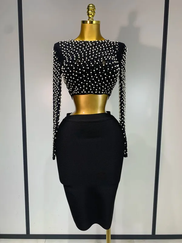 Kvinnor Sexig Långärmad Mesh Pearl Top Kändis Midi Kvinnor Bandage Set 2025 Designer Evening Party Lyx Födelsedag Tvådelad Set — image 7