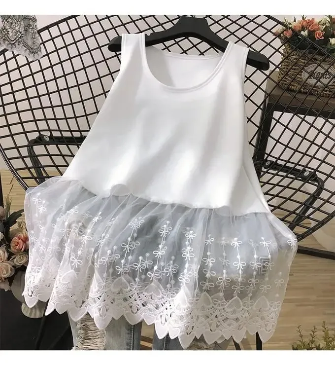 Straße Casual Spitze Patchwork Tanks Sommer Neue Ärmel Einfarbig Lose Jugend Weiß T Shirt Tops Mode-Trend Frauen Kleidung — image 8