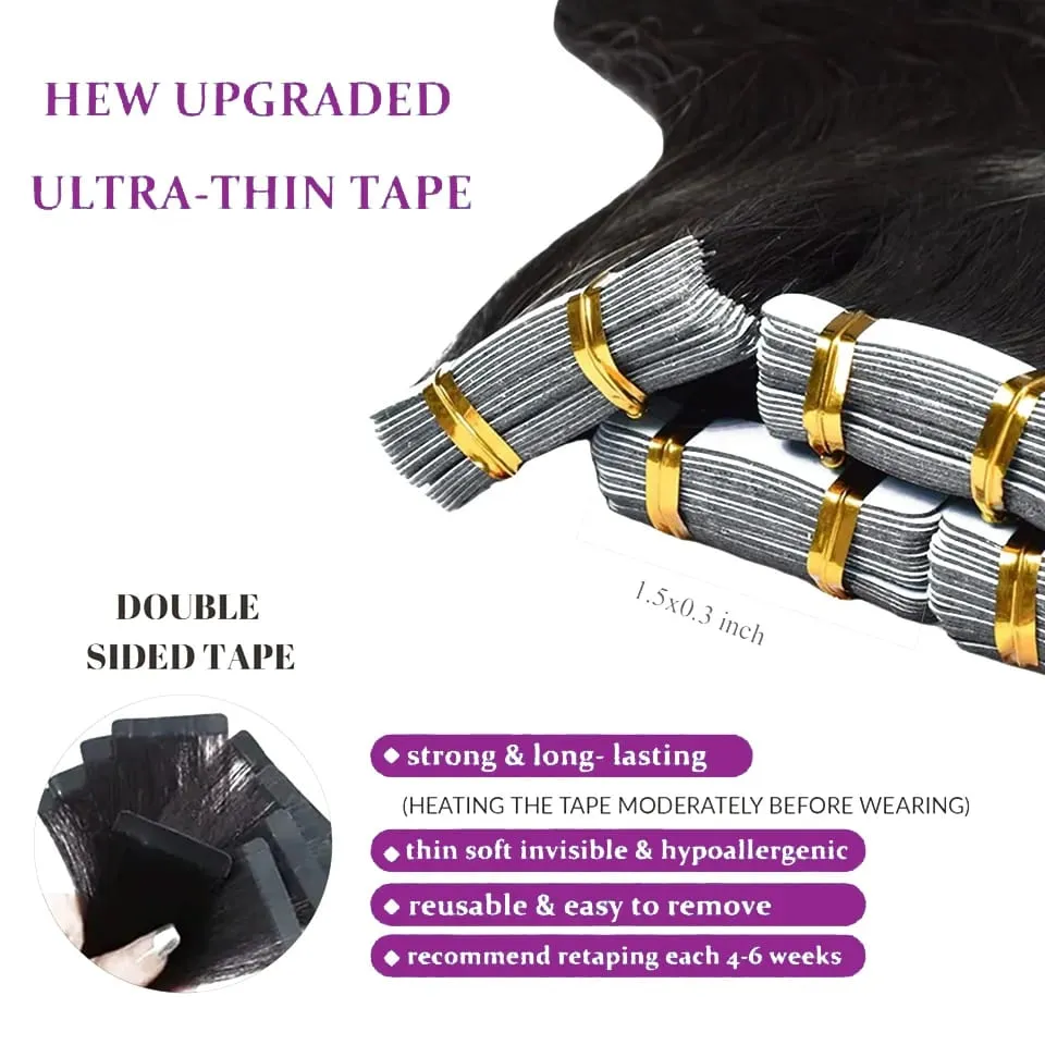 Tape In Hair Extensions 100% Real Remy Human Hair Body Wave Extensions Natural Black Invisible Tape on For Woman 16-26 Inches