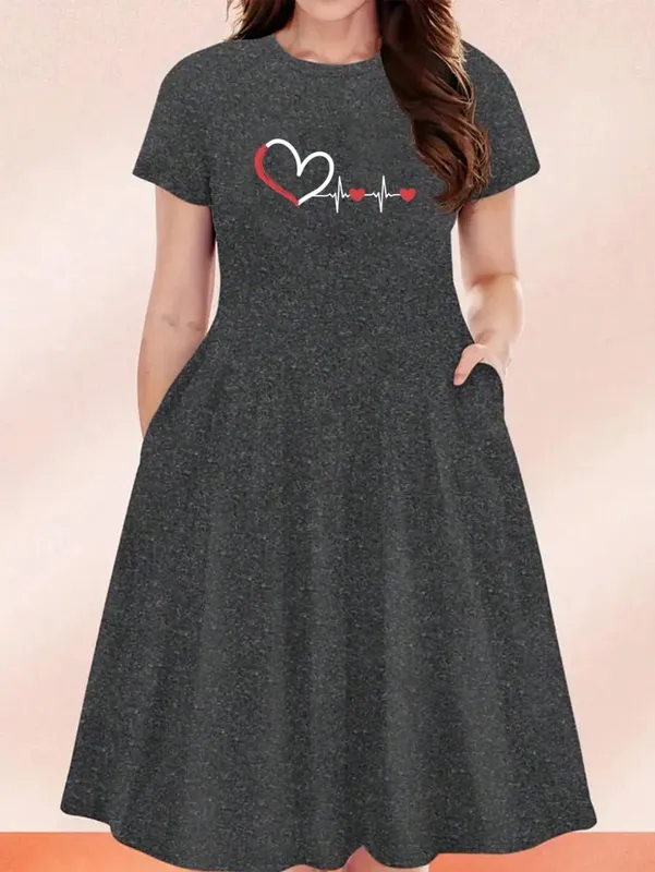 2026 Women's Four Seasons Love at First Sight Heartbeat Printed Casual Loose Black Short Sleeved Large Short Skirt Dress — image 3