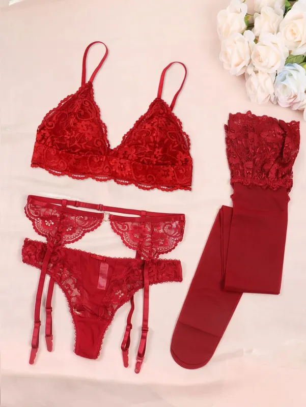 Varsbaby Women Lace Bra Set Non Padded Bra Panty Garter Stockings Summer Underwear Lingerie Sexy — image 12