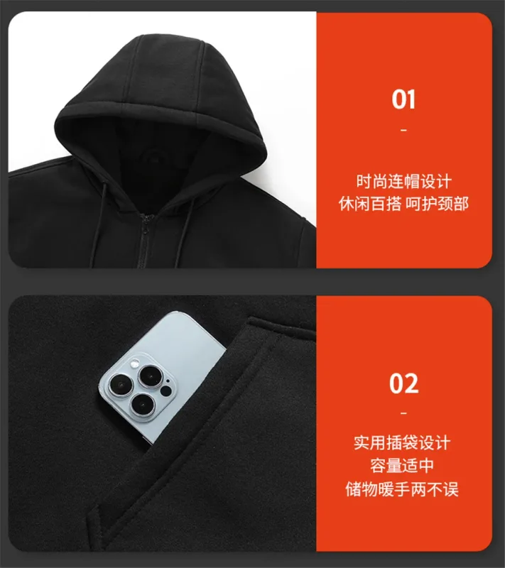 USB Heating Luvtröjor Herr Vinter Eluppvärmda Luvtröjor Jackor Uppvärmd Zipper Hoodie Infraröd 5 Värmeområden Jacka Svart Grå — image 20