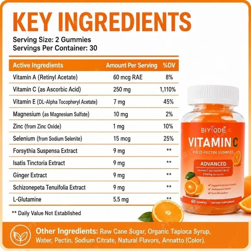 Vitamin C Gummies 250mg with Vitamins A and E Orange Fruit Pectin Chewables 60 Count Daily Nutrition for Adults Men & Women