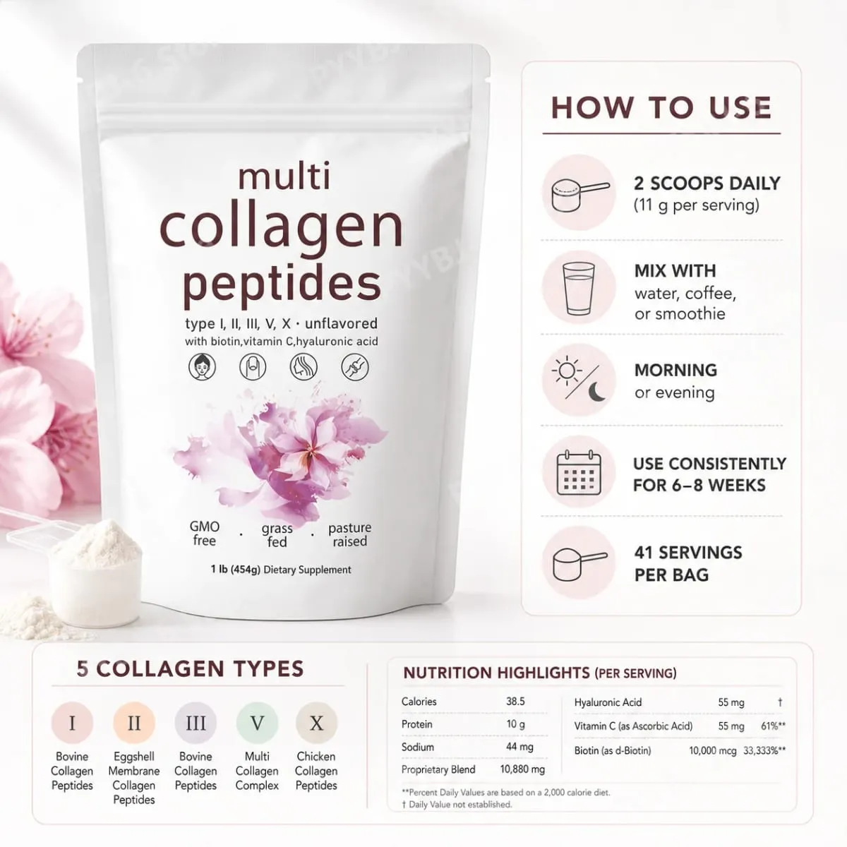 Multi Collagen Peptides Powder 454g Unflavored Collagen Blend na may Vitamin C Biotin Hyaluronic Acid Skin Hair Nails Support — image 5