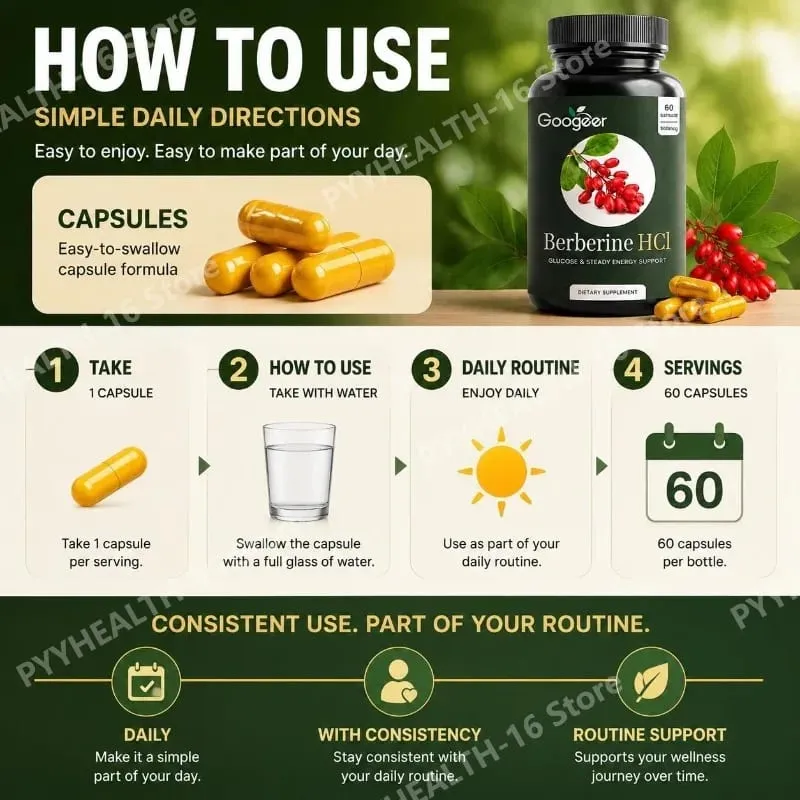 Googeer Berberine HCl Capsules Support Glucose Homeostasis and Steady Energy Plus Immune Support and Gut Health 60 Capsules — image 6