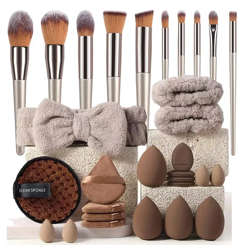 20/40Pcs Makeup Brushes and Sponges Set Brown Makeup Puff Beauty Egg Headband Wristband Remover Kit Makeup Tool Gift — image 18