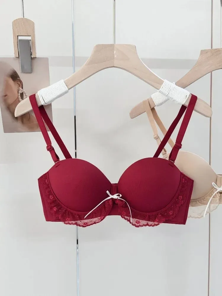 Red Half-Cup Lace Bra Set for Small Chests Adjustable Support Anti-Sagging Push Up Sexy Lingerie Set Women Birthday Gift — image 5