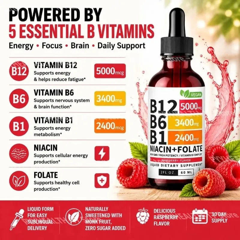 B12 B6 B1 Niacin Folate Liquid Sublingual Vegan B-Complex Drops for Daily Energy and Focus Support Raspberry for Men Women 60 ML — image 3