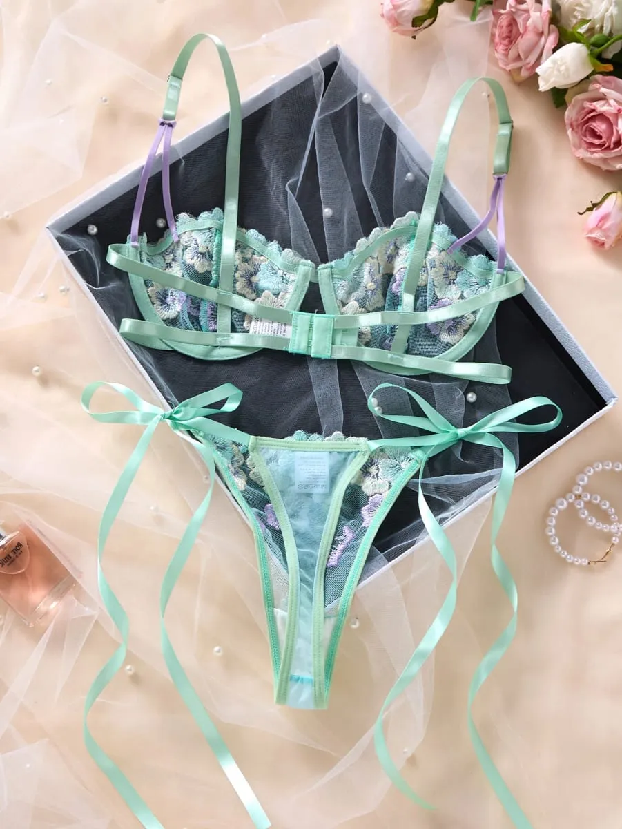 Feminino doce flor bordado conjunto de sutiã de renda com underwire malha transparente lado arco calcinha lingerie romântica S-XL tamanhos — image 2