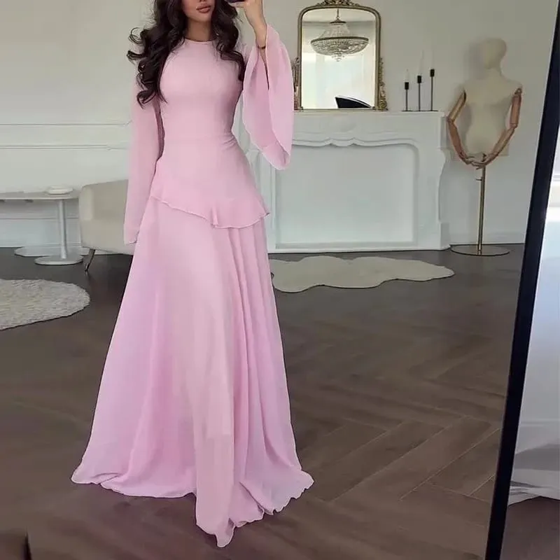 Mulheres chiffon sólido babados vestido alargamento manga em torno do pescoço 2025 novo elegante maxi vestido de festa à noite moda férias senhora — image 6