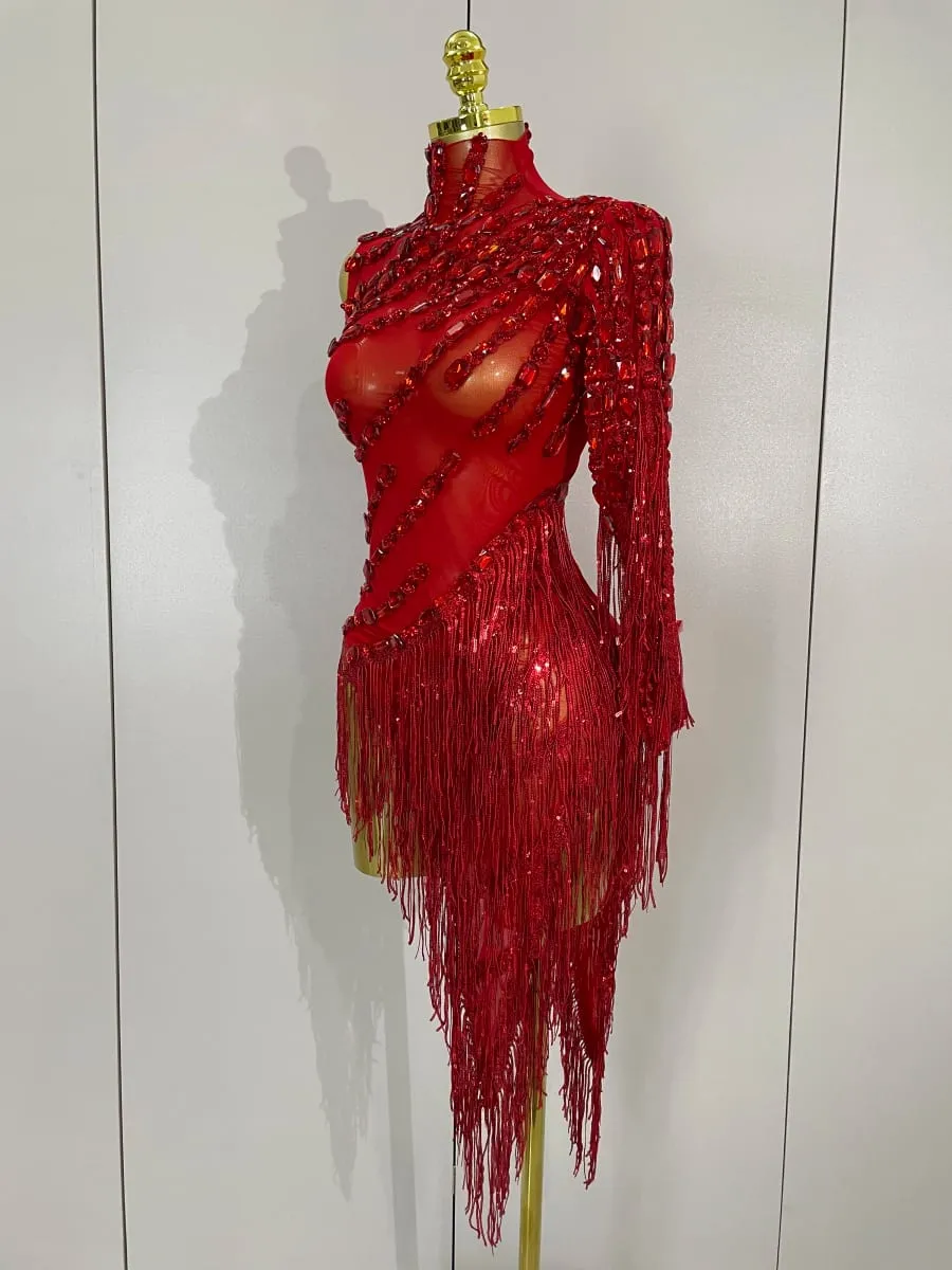 Strass brilhantes borla sexy vestido transparente feminino um ombro roupas de dança latina bar boate festa palco traje — image 3
