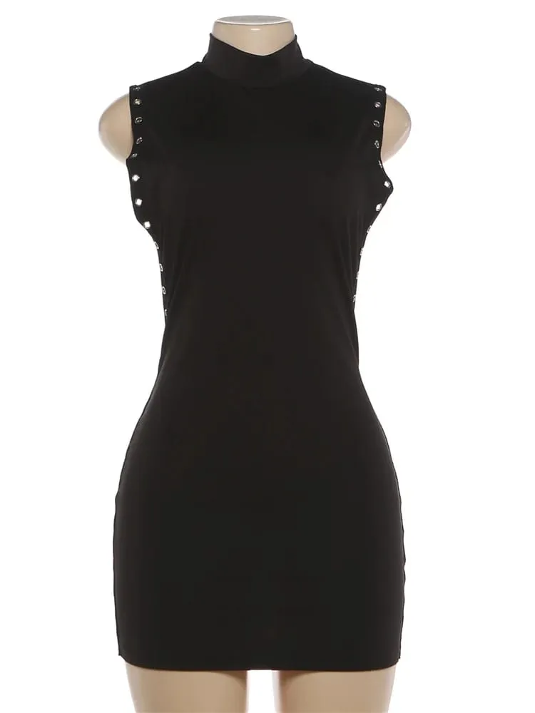 Nibber pêssego hip mini vestido mulher o-pescoço sem mangas lado oco design anéis de metal decoração magro meia-noite clube festa bodycon — image 5