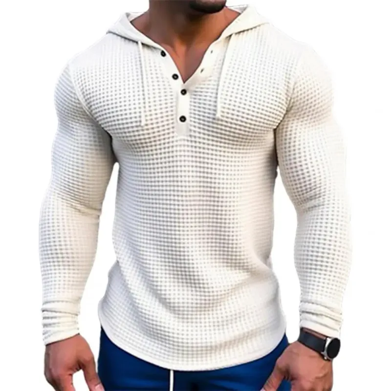Våren Enfärgad Slim Fit Långärmad T-shirt Herr Huva Andas Sport Topp Våffel Bomull Casual Långärmad Skjorta — image 4