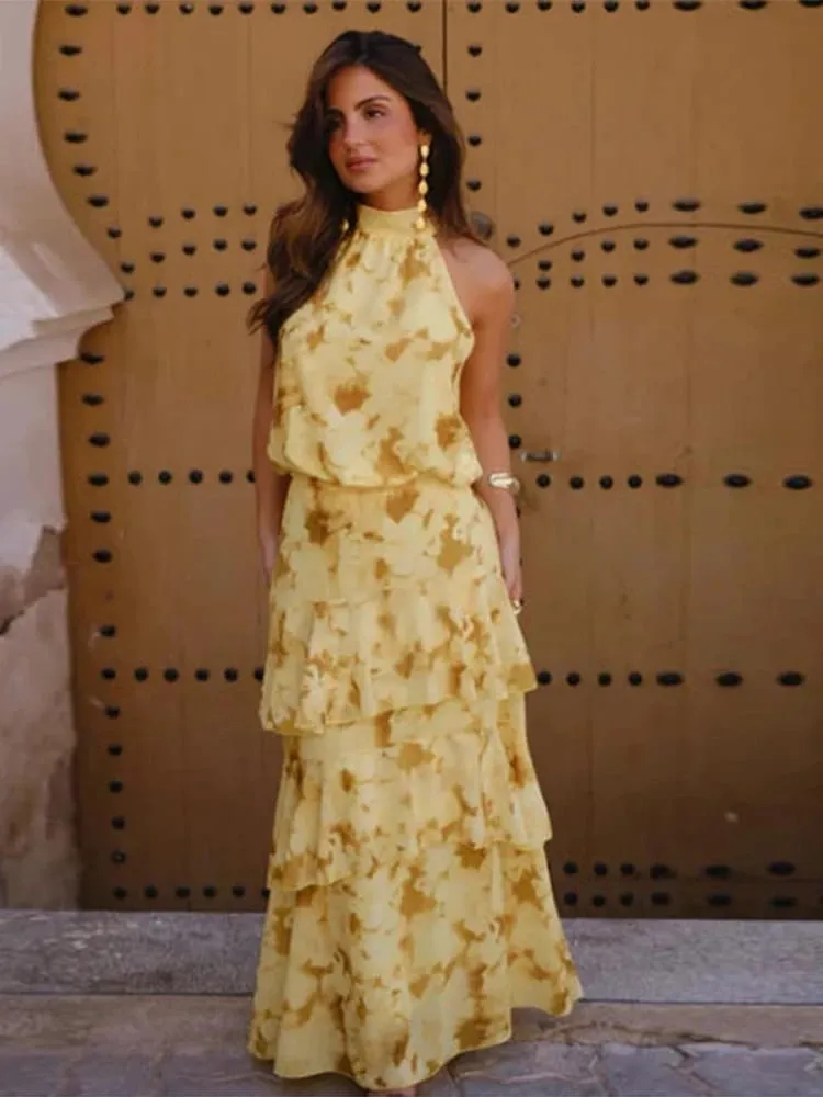 Floral impressão halter pescoço recorte maxi vestido em camadas plissado sem mangas 2026 verão feminino vestido de férias moda boho senhora vestido — image 7