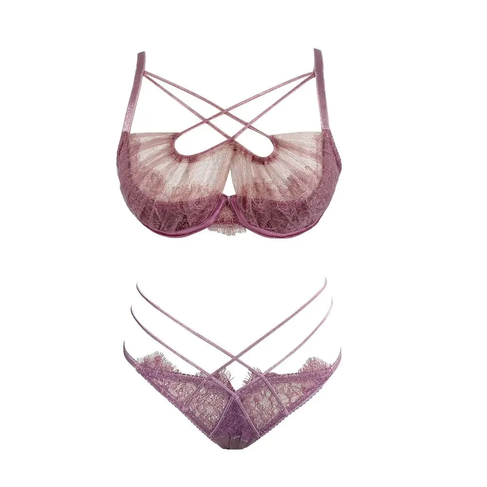 Fransk spetsbroderi Korsrem Underkläder Set Mesh Push Up BH Trosa Ihålig Sexig Kvinnor Intim Underkläder Kostym S-XL Festkläder — image 3