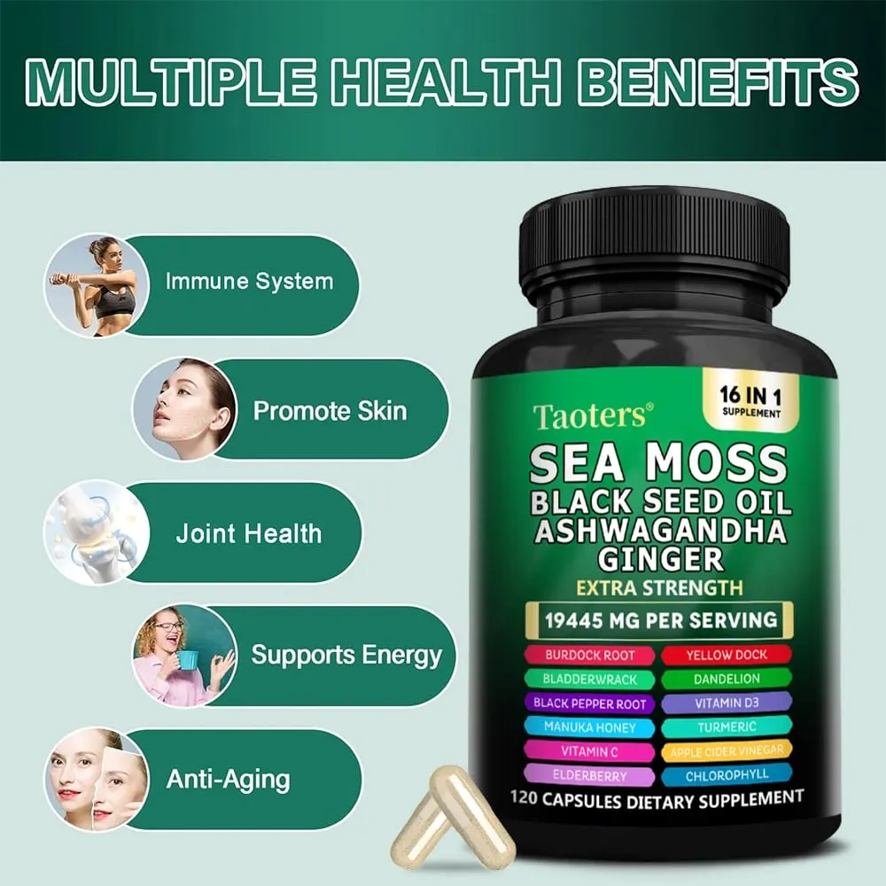 Dietary Supplement with Sea Moss Black Seed Oil Ashwagandha & Ginger - Helps Skin Health Immune Support Improve Sleep & Mood — image 5