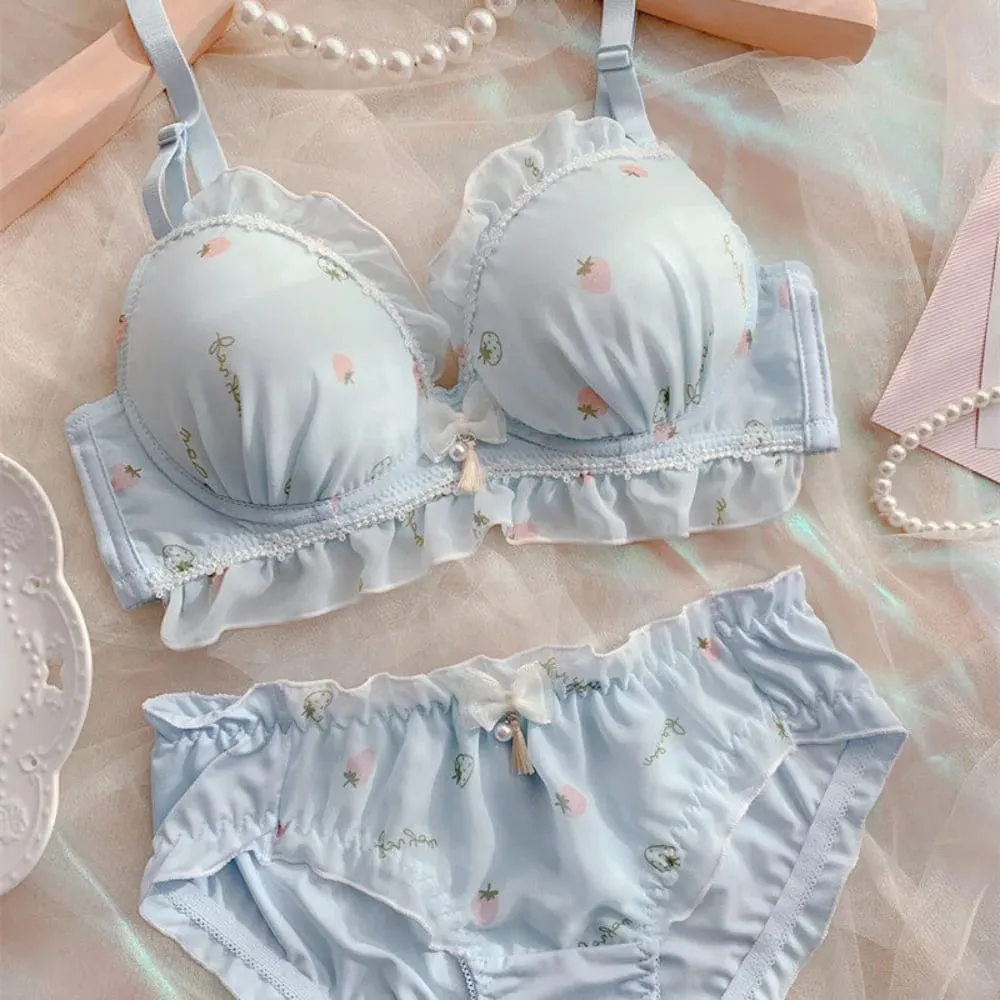 Cute Strawberry Print Wireless Thin Cup Push Up Bra Panty Set Kawaii Japanese Comfort Underwear For Small Chest Daily Wear S-XL — image 6