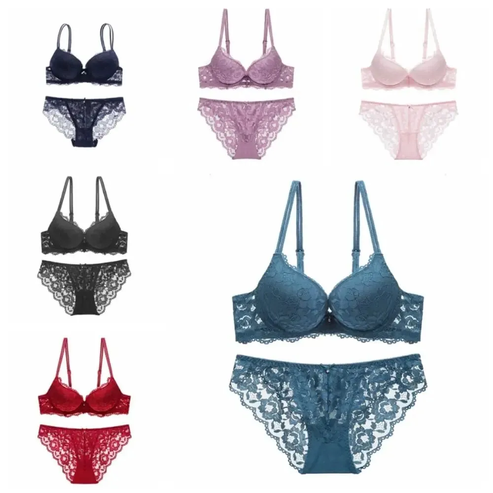 Fashion Mesh Lace Flower Bra Bowknot Low Waist Push Up Bra Women Non Slip Lingerie Seamless Underwear Set Beach — image 1