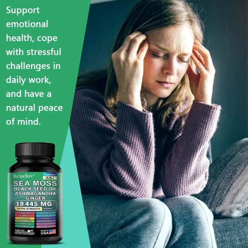 Sea Moss Capsules with Black Seed Oil Ashwagandha Turmeric Complex Energy Immune Digestive Skin & Stress Relief Support — image 4