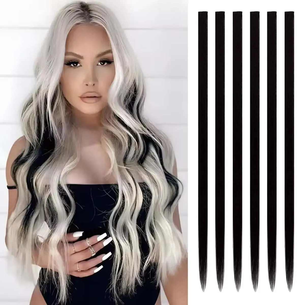 6 Pcs Clip Extensions Synthetic 24 Inch Colored Hair Extensions Party Highlights Long Straight Hairpieces for Women Kids Girl — image 17