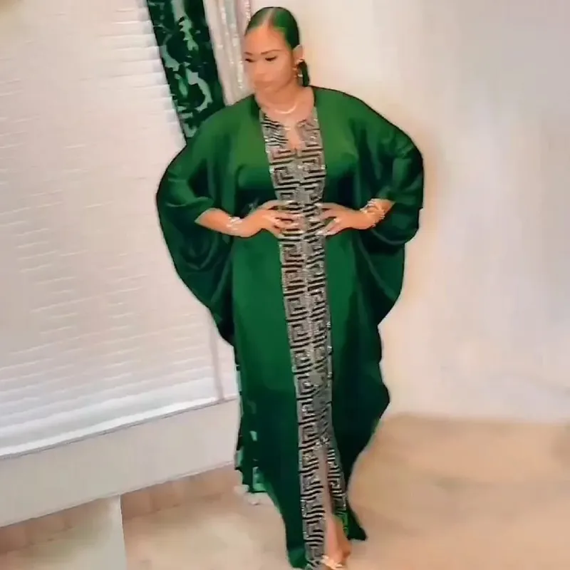 Mode afrikansk kvinna stor storlek fladdermössärmad klänning muslimsk islamisk stil Robe imitation siden Hot Fix Strass — image 4