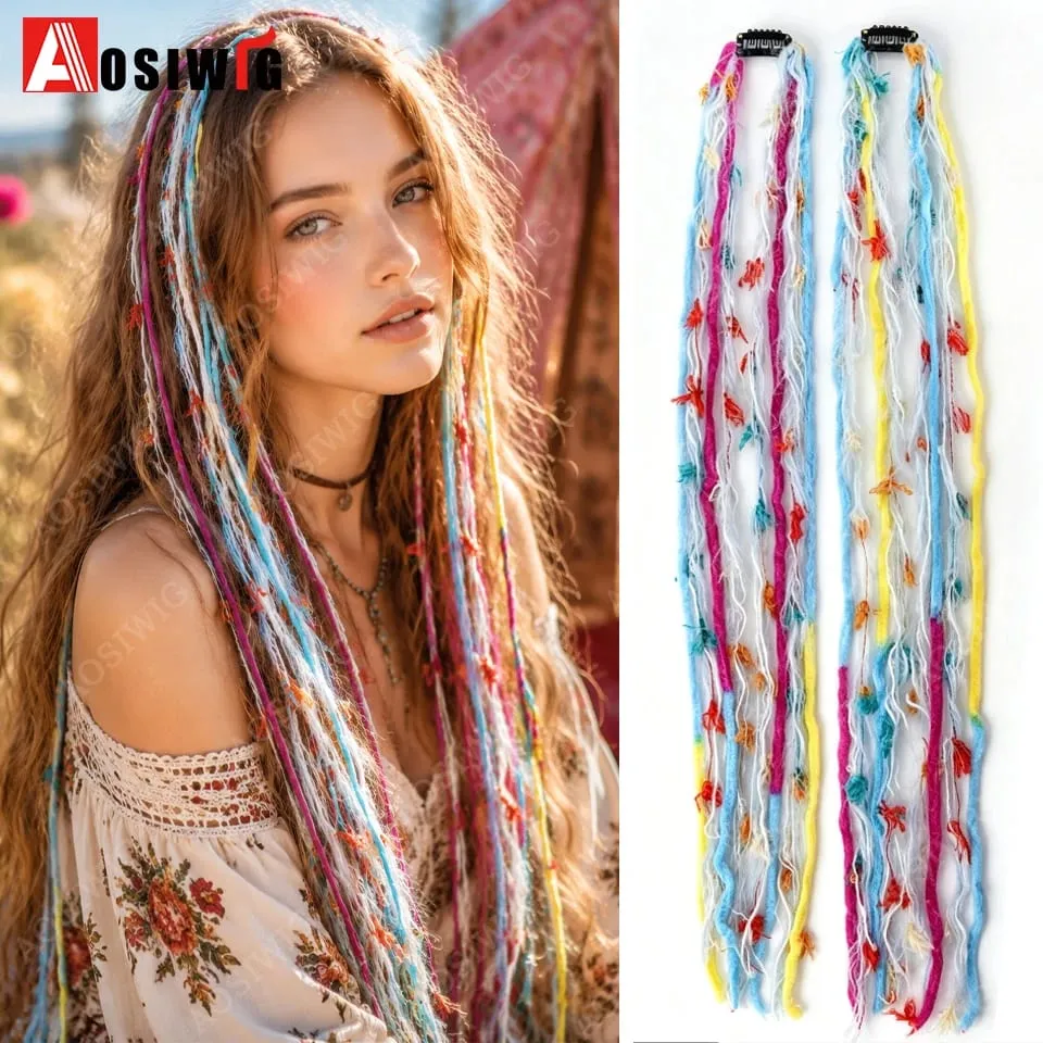 Synthetic Boho Braided Hair Extensions for Women Clip In Festival Hairpiece with Beads Feathers Hippie Hair Accessories