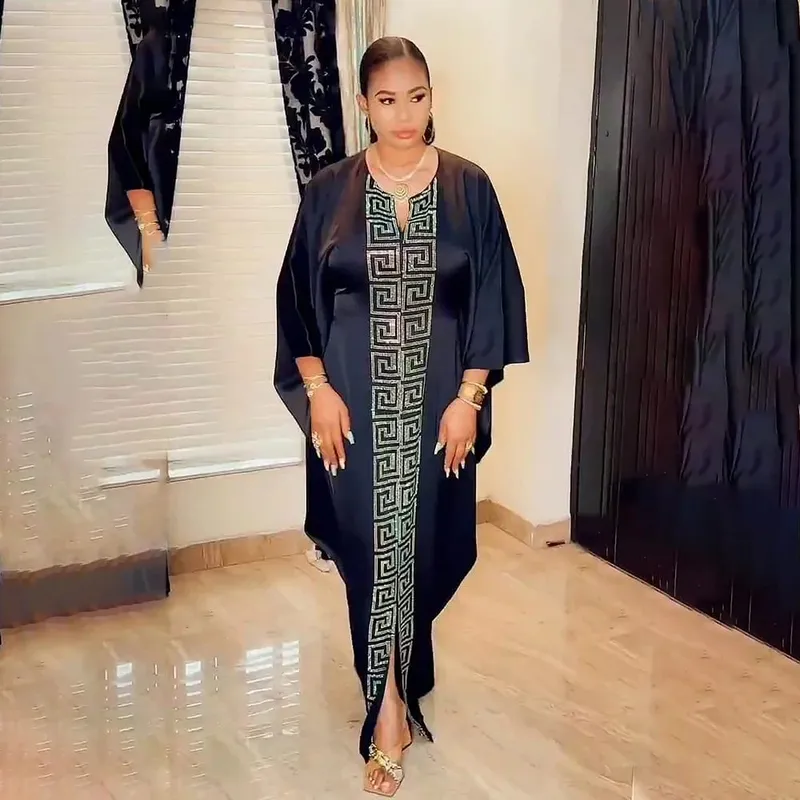 Mode afrikansk kvinna stor storlek fladdermössärmad klänning muslimsk islamisk stil Robe imitation siden Hot Fix Strass