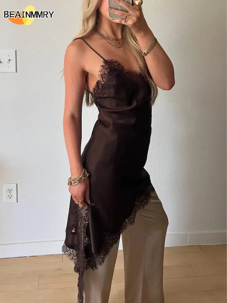 Vestido de cetim marrom com emenda de renda, elegante, bainha irregular, decote em v, costas nuas, sem mangas, vestido chique para mulheres, festa em clube — image 5