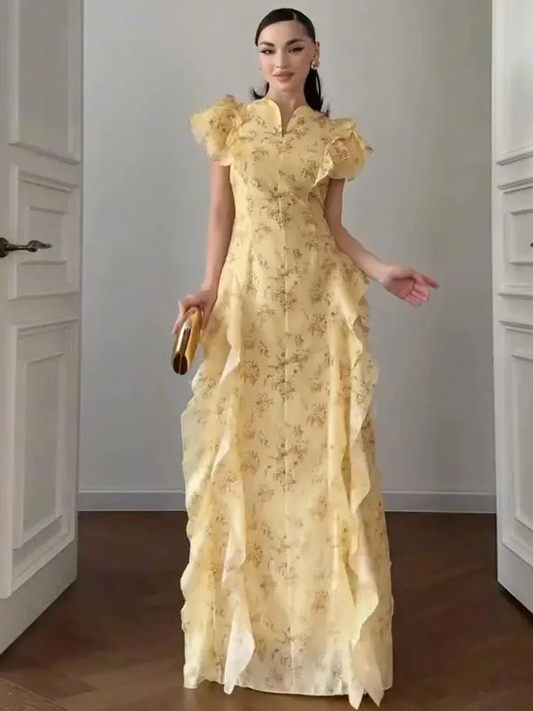 Floral Print Stand Collar Ruffled Tiered Dress Waist Cinched Flutter Sleeve 2026 Summer Women Dress Casual Delicate Lady Vestido