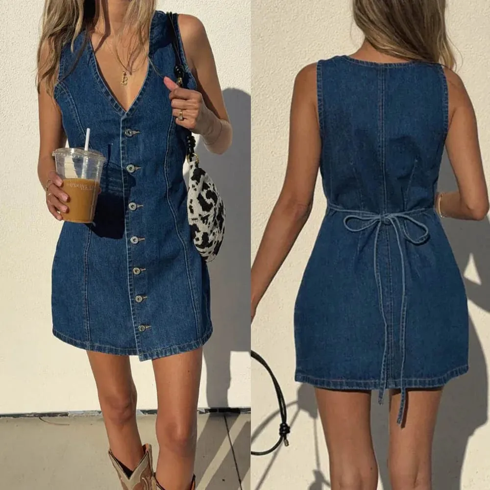 Vestido jeans feminino, vestidos de comprimento médio, colete, y2k, moda urbana, elegante, festa noturna, trabalho, gola v, sem mangas, cintura apertada — image 2