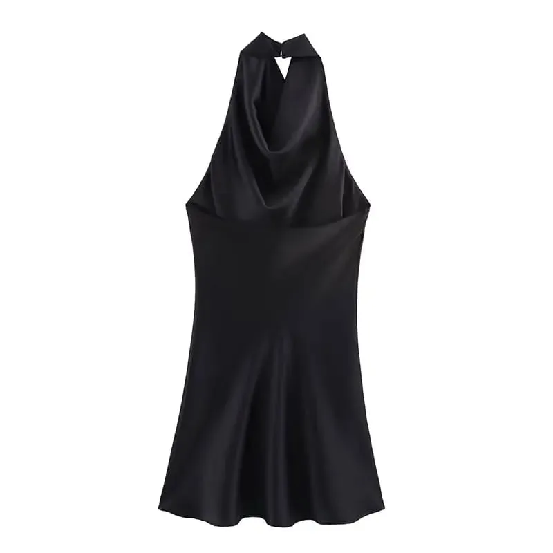 Satin Women Party Dress 2026 Spring Summer Backless Sleeveless Halter Slim A Line Short Mini Dress Y2K