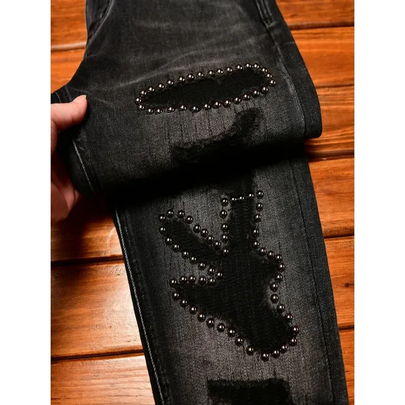 Metal Decor Design Black Jeans Men Trendy Ripped Fashion Retro Nostalgic Street Slim Fit Skinny Pants — image 1