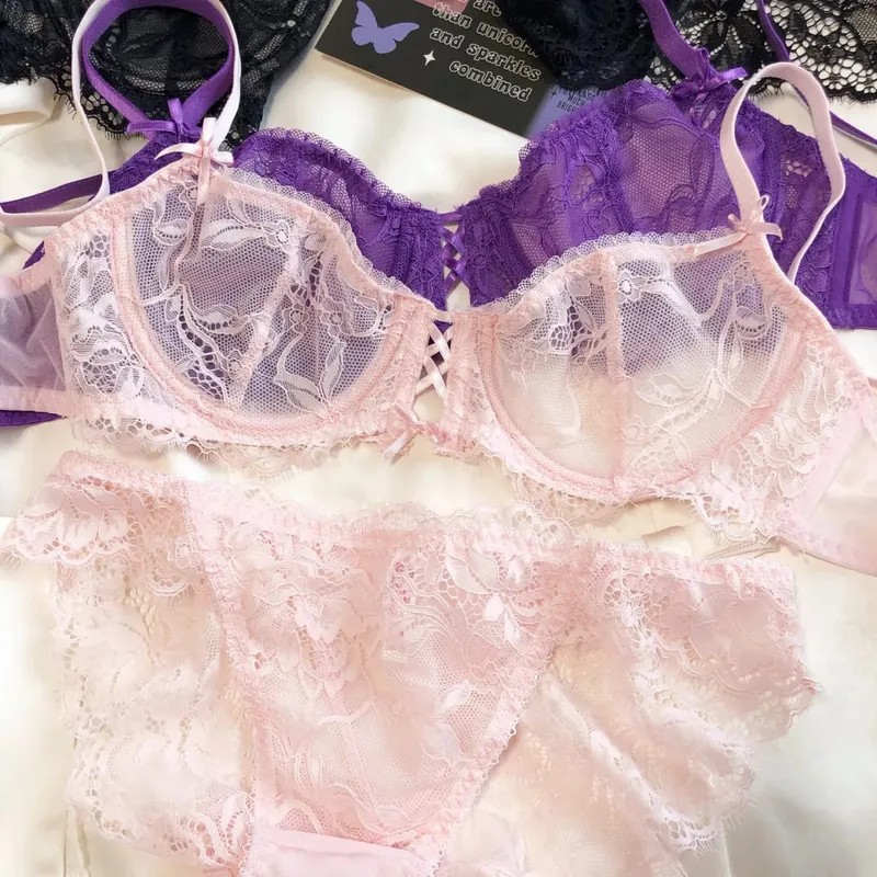 Sexy Hollow Bra French Ultra Thin Lace Embroidery Women Lingerie Set Underwire Push Up Bras Breathable Underwear and Panties Set — image 9