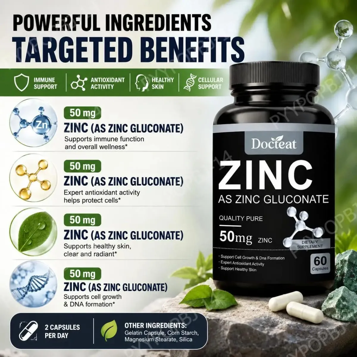 Docteat Zinc Bilang Zinc Gluconate Capsules 50 Mg Zinc Bawat Serving Immune Support Antioxidant Activity Malusog na Balat 60 Capsules — image 5