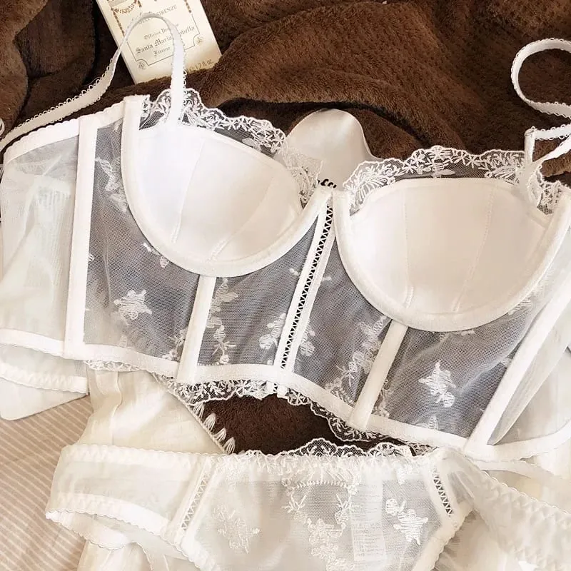 Retro Half Cup Embroidered Lace Bra & Panty Set Push Up Sexy Body Sculpting Lingerie — image 5
