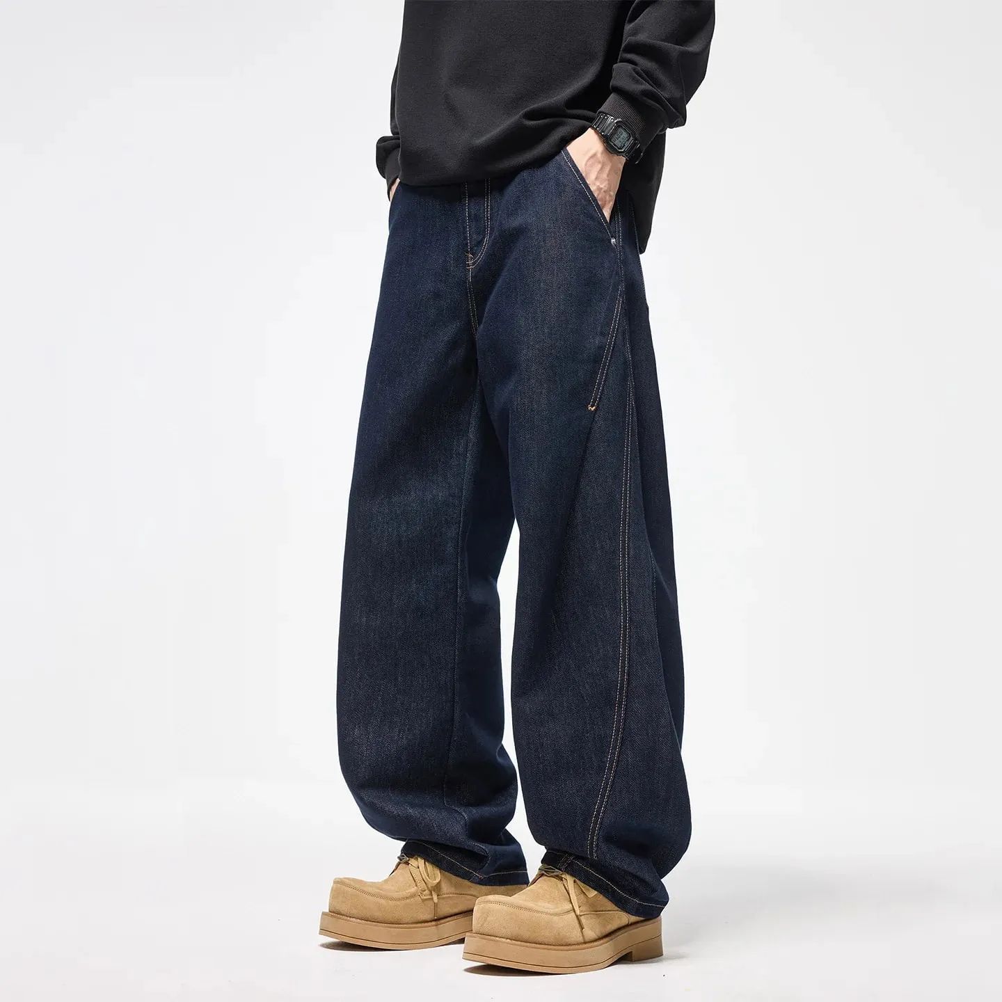 Autumn Winter 2026 New Fashion American Style Men's Dark Blue Solid Color Casual Trendy Simple Basic Wide Leg Loose Jeans Pants — image 2